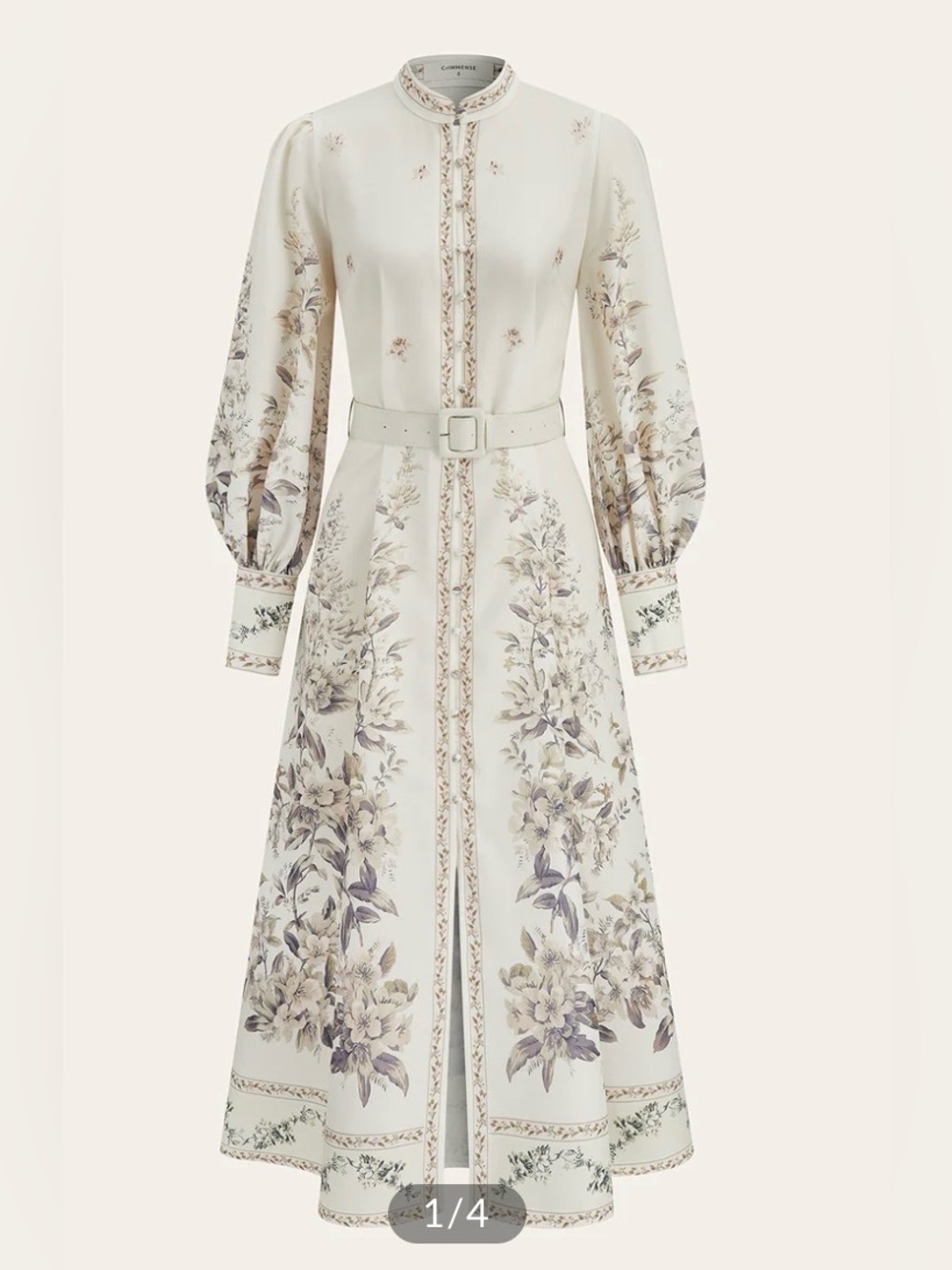 Commense floral print stand collar belted midi Dress